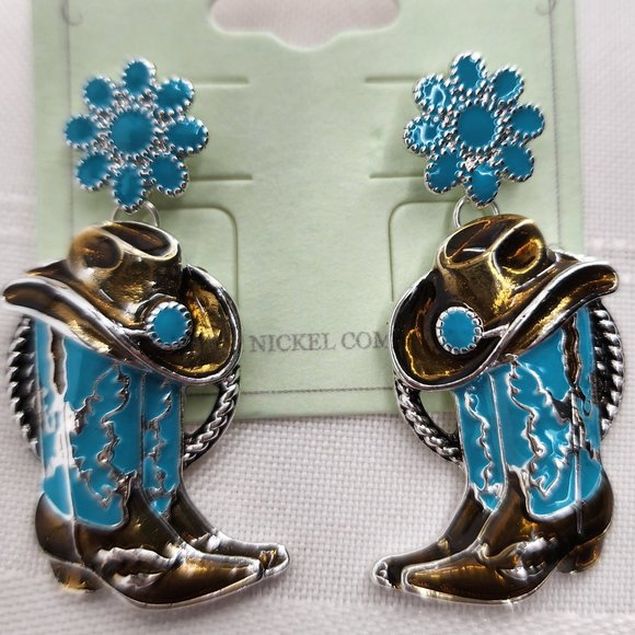 ICON Turquoise & Silver Western Cowboy Boot Earrings NWT - Picture 2 of 3